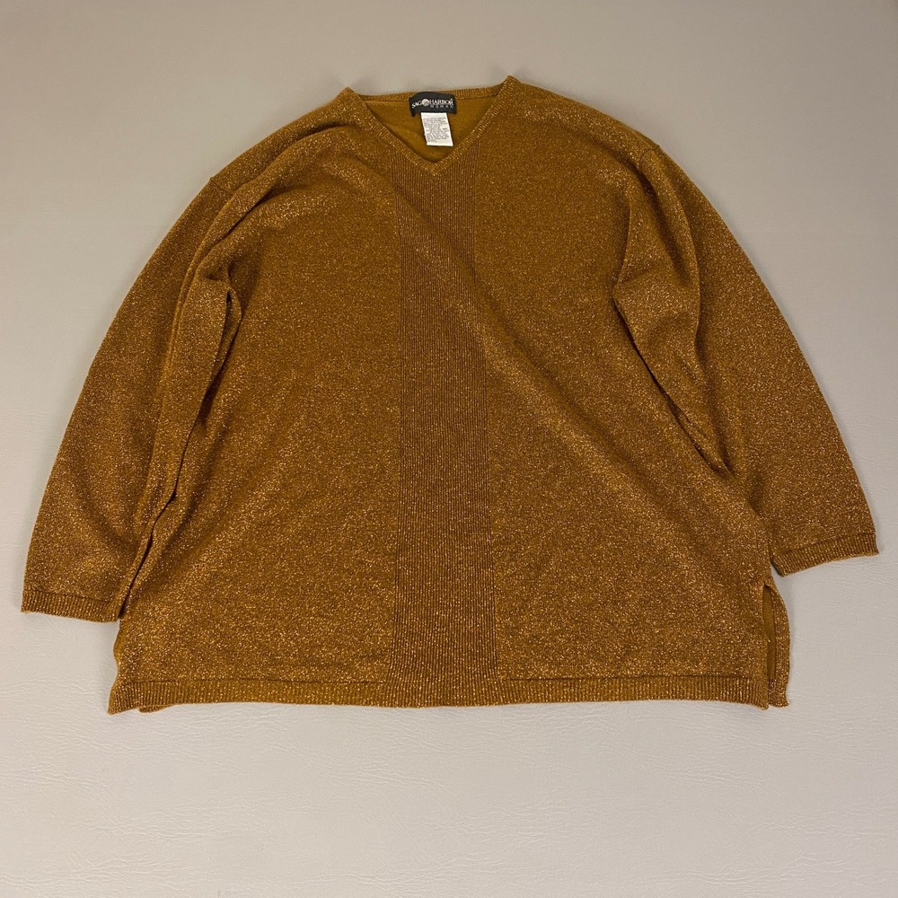 Sag Harbor Sweater Women's‎ Plus Size 2X Metallic Gold V Neck Long Sleeve